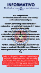 ORGANIZAÇÃO – A Policia Militar informa o que está proibido em carreatas, em Lima Campos