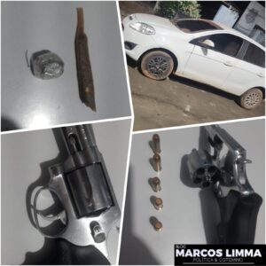 Em Lima Campos a Policia Militar apreende: arma de fogo, munições, substância semelhante a maconha e um veiculo