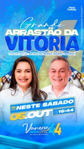 5/10, às 16h44 acontecerá grande “arrastão” da vitória da prefeita Vanessa Maia, em Pedreiras