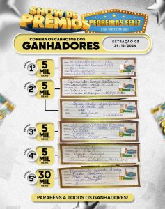 Veja os nomes dos ganhadores da 3ª extração do PEDREIRAS FELIZ!