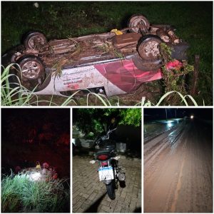 Motorista desvia de moto para evitar acidente, capota carro na MA-122, em Lima Campos