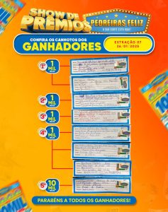 Veja os nomes dos ganhadores da 7° extração do PEDREIRAS FELIZ