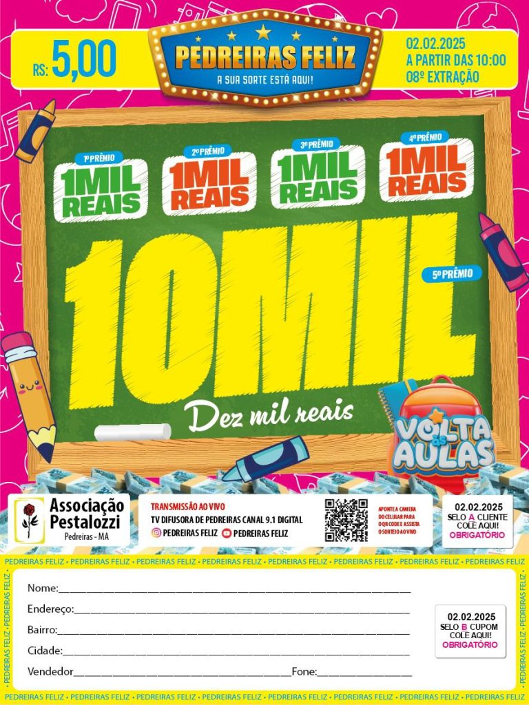 Compre já a sua cartela do Pedreiras Feliz e concorra a R$ 14 Mil Reais