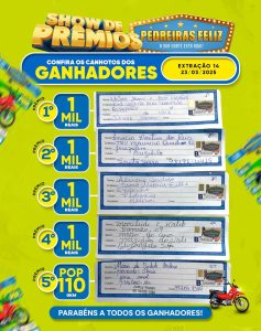Veja o canhoto com os nomes dos ganhadores da 14ª extração do PEDREIRAS FELIZ
