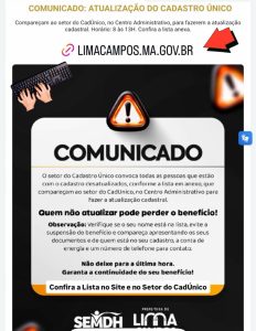 Prefeitura de Lima Campos convoca beneficiários para atualização do Cadastro Único